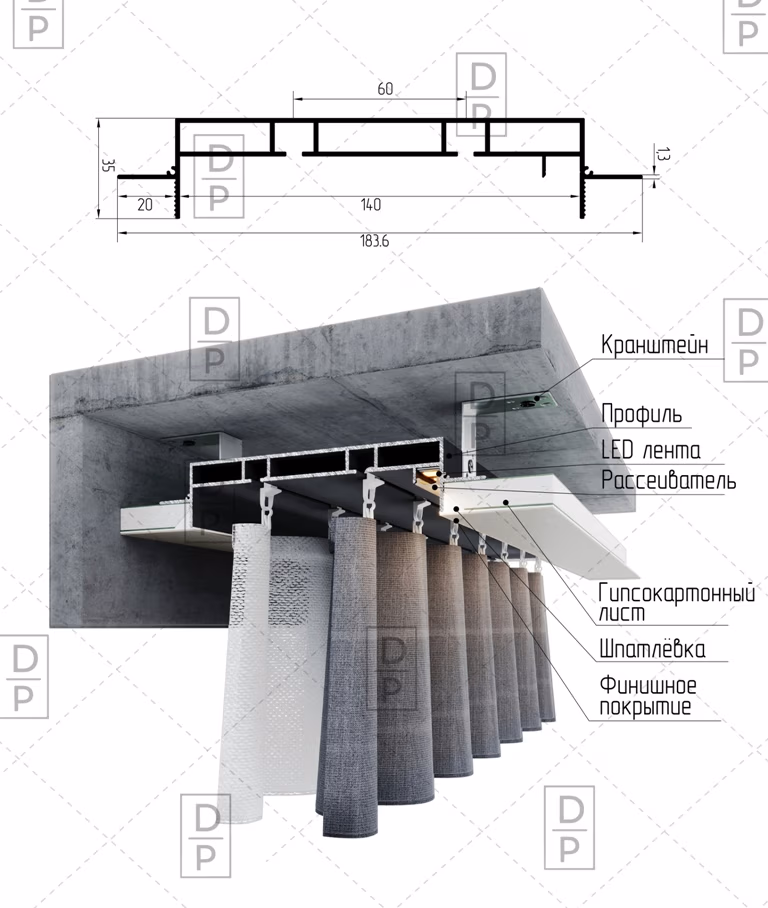 Низкий карниз AP1025 скрытый карниз - Алюминиевые профильные карнизы
